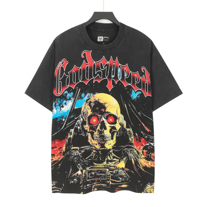 Alien Sci Fi Hip Hop Streetwear Front Red White Outline Gothic Script Mechanical Skeleton With Glowing Red Eyes Space Star Sky Print T-Shirt 29354636