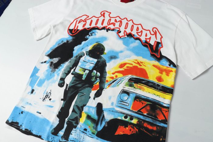 Retro Explosion Street Graphic Streetwear Front Tactical Gear Man Burned Sedan Fire Smoke Orange Outline Gothic Letter Print T-Shirt 2 colors 29354646