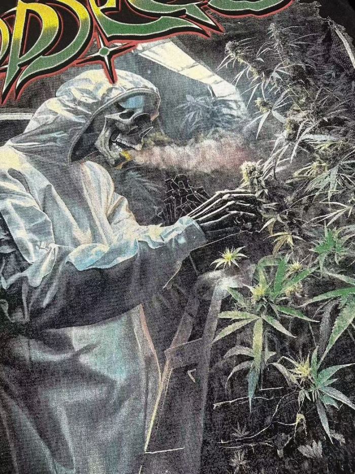 Herbal Farm Graphic Streetwear Front Full Hazmat Suit Skeleton Grower Smoking Herbal Plant Bushes Gradient Gothic Letter Print T-Shirt 2 colors 29354821