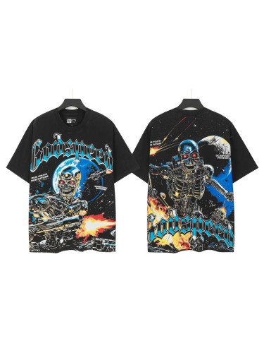 Retro Interstellar Sci Fi Graphic Streetwear Front Gun Shooting Mechanical Red Eye Skeleton Planet Star Meteor Gothic Letter Print T-Shirt 29354637