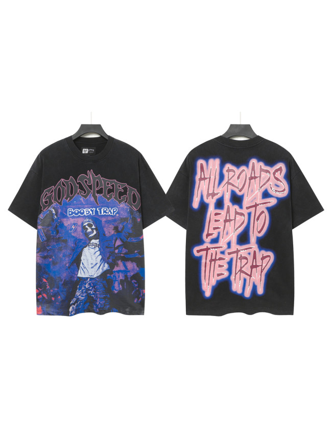 Trap Hip Hop Streetwear Front Pink Outline Gothic Script Hooded Skeleton Man Purple Grain Background Booby Trap Text Graphic T-Shirt 29354631