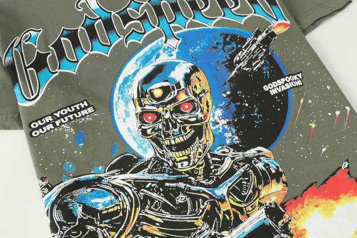 Interstellar Sci Fi Graphic Streetwear Front Gun Shooting Mechanical Red Eye Skeleton Planet Star Meteor Gothic Letter Print T-Shirt 29354872