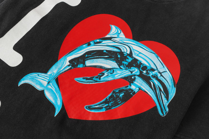 Y2K Ocean Hip Hop Streetwear Front Bold Block Letter I Red Heart Mechanical Cyan Dolphin Graphic T-Shirt 29354630
