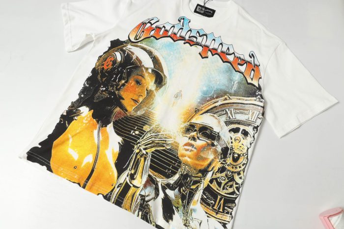 Retro Cyber Time Graphic Streetwear Front Space Helmet Female Robot Lady Vintage Gear Clock Gradient Gothic Letter Print T-Shirt 2 colors 29354639