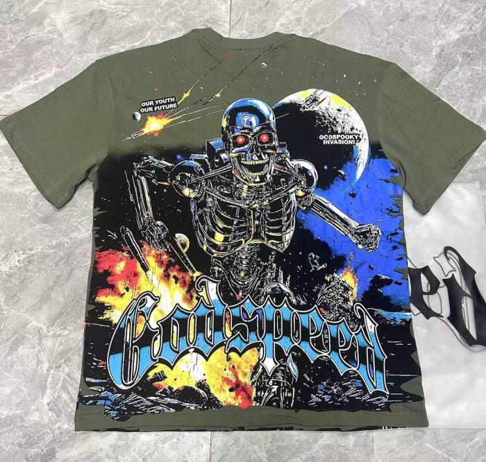 Interstellar Sci Fi Graphic Streetwear Front Gun Shooting Mechanical Red Eye Skeleton Planet Star Meteor Gothic Letter Print T-Shirt 29354872