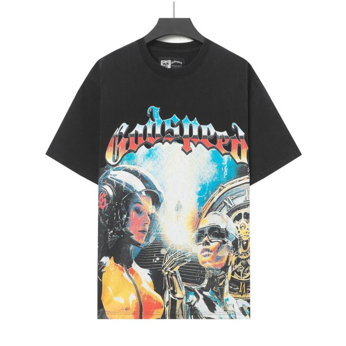 Retro Cyber Time Graphic Streetwear Front Space Helmet Female Robot Lady Vintage Gear Clock Gradient Gothic Letter Print T-Shirt 2 colors 29354639