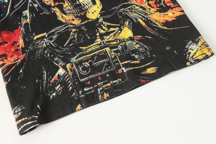 Alien Sci Fi Hip Hop Streetwear Front Red White Outline Gothic Script Mechanical Skeleton With Glowing Red Eyes Space Star Sky Print T-Shirt 29354636