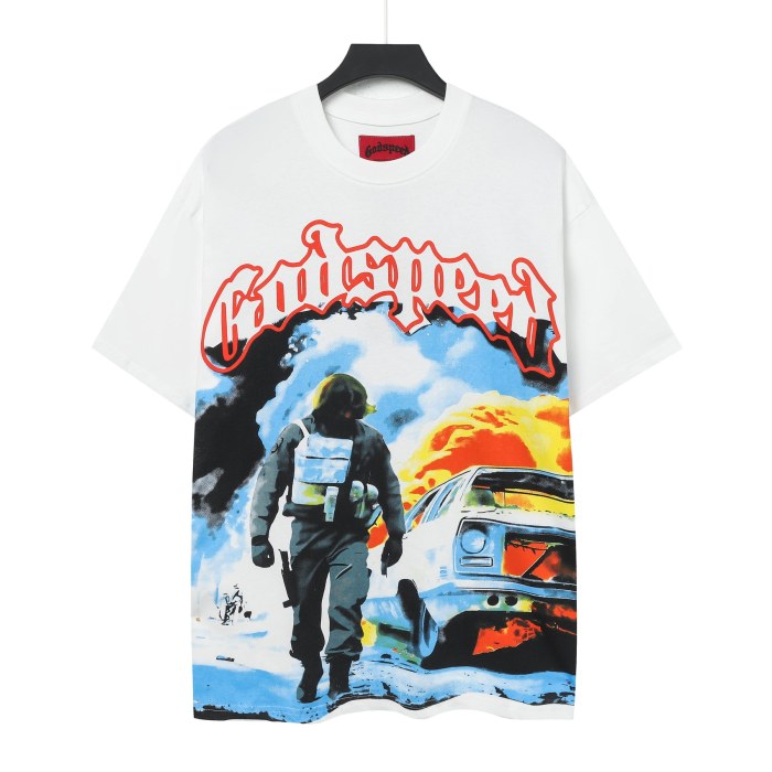 Retro Explosion Street Graphic Streetwear Front Tactical Gear Man Burned Sedan Fire Smoke Orange Outline Gothic Letter Print T-Shirt 2 colors 29354646