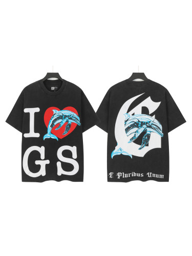 Y2K Ocean Hip Hop Streetwear Front Bold Block Letter I Red Heart Mechanical Cyan Dolphin Graphic T-Shirt 29354630