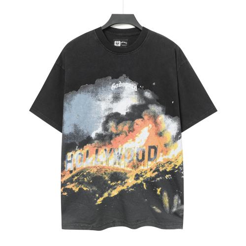Retro California Street Graphic Streetwear Front Burning Hollywood Landmark Fire Smoke Cursive Letter Print T-Shirt 2 colors 29354638