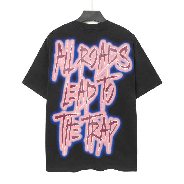 Trap Hip Hop Streetwear Front Pink Outline Gothic Script Hooded Skeleton Man Purple Grain Background Booby Trap Text Graphic T-Shirt 29354631