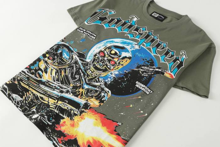 Interstellar Sci Fi Graphic Streetwear Front Gun Shooting Mechanical Red Eye Skeleton Planet Star Meteor Gothic Letter Print T-Shirt 29354872