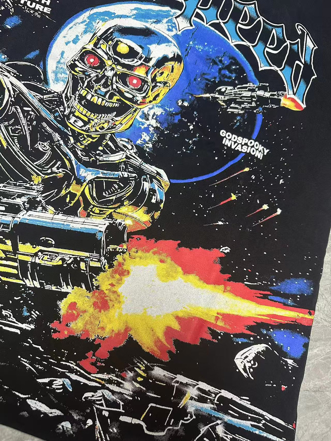 Retro Interstellar Sci Fi Graphic Streetwear Front Gun Shooting Mechanical Red Eye Skeleton Planet Star Meteor Gothic Letter Print T-Shirt 29354637