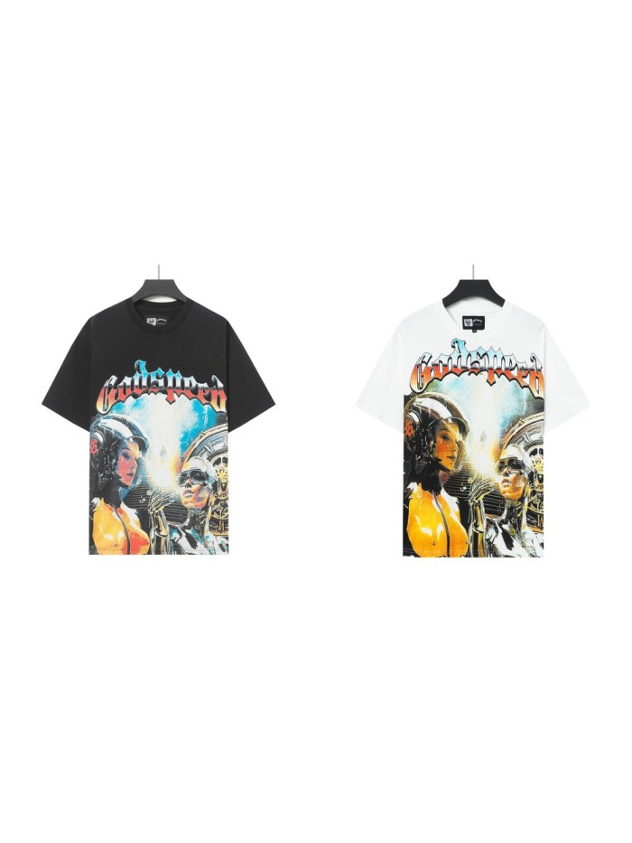 Retro Cyber Time Graphic Streetwear Front Space Helmet Female Robot Lady Vintage Gear Clock Gradient Gothic Letter Print T-Shirt 2 colors 29354639