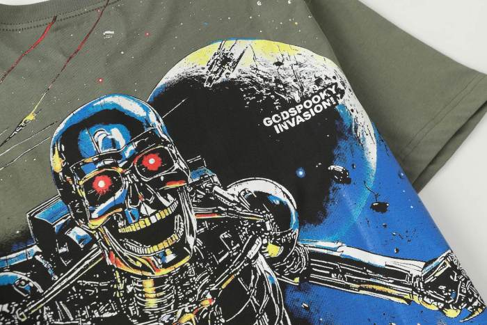 Interstellar Sci Fi Graphic Streetwear Front Gun Shooting Mechanical Red Eye Skeleton Planet Star Meteor Gothic Letter Print T-Shirt 29354872
