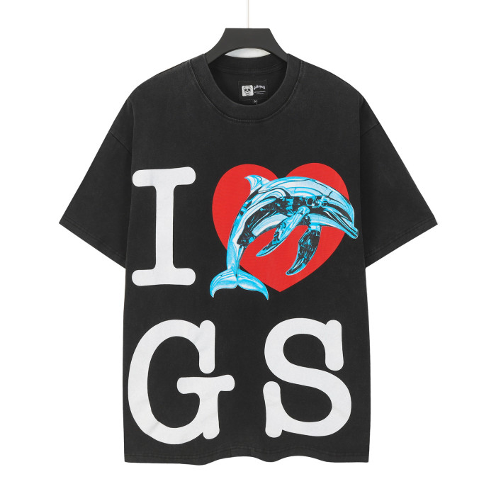Y2K Ocean Hip Hop Streetwear Front Bold Block Letter I Red Heart Mechanical Cyan Dolphin Graphic T-Shirt 29354630