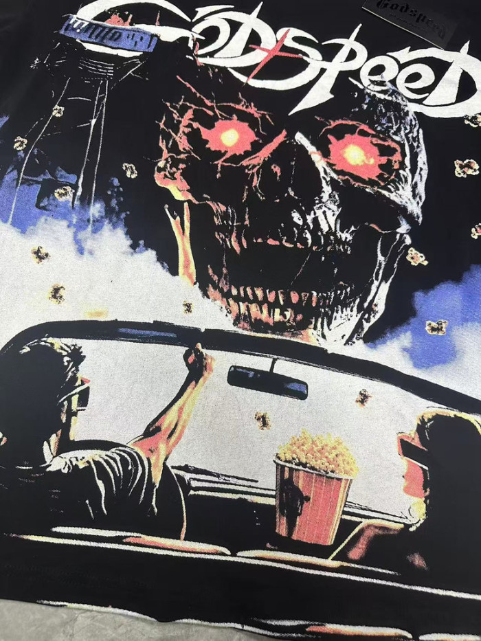 Retro Drive In Movie Graphic Streetwear Front Convertible Car Couple Popcorn Giant Red Eye Skull Gothic Letter Print T-Shirt 29354633