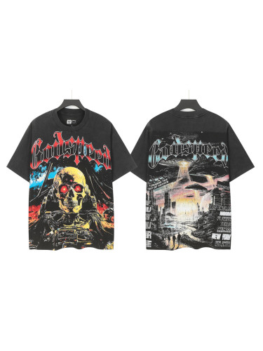 Alien Sci Fi Hip Hop Streetwear Front Red White Outline Gothic Script Mechanical Skeleton With Glowing Red Eyes Space Star Sky Print T-Shirt 29354636