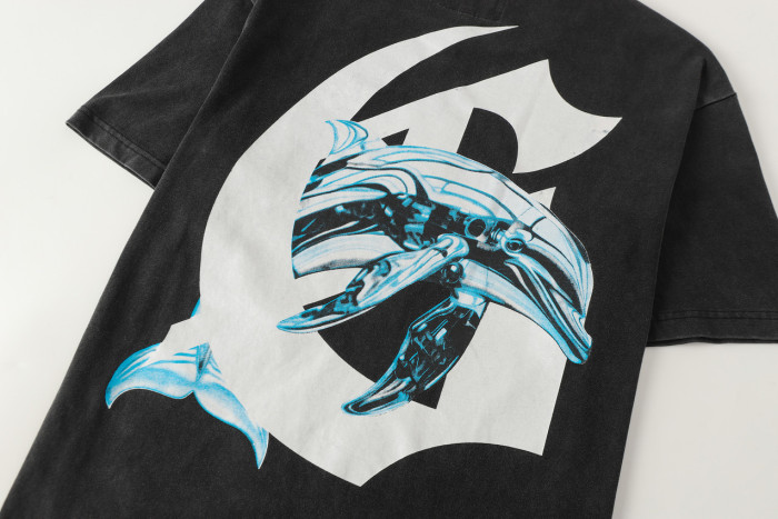 Y2K Ocean Hip Hop Streetwear Front Bold Block Letter I Red Heart Mechanical Cyan Dolphin Graphic T-Shirt 29354630