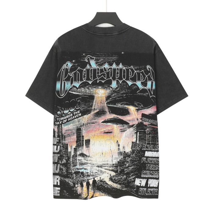 Alien Sci Fi Hip Hop Streetwear Front Red White Outline Gothic Script Mechanical Skeleton With Glowing Red Eyes Space Star Sky Print T-Shirt 29354636