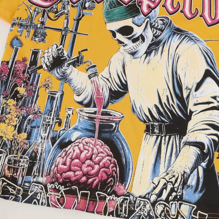 Mad Scientist Graphic Streetwear Front Lab Coat Skeleton Surgeon Human Brain Glass Beaker Floral Lab Gear Pink Outline Gothic Letter T-Shirt 2 colors 29354869