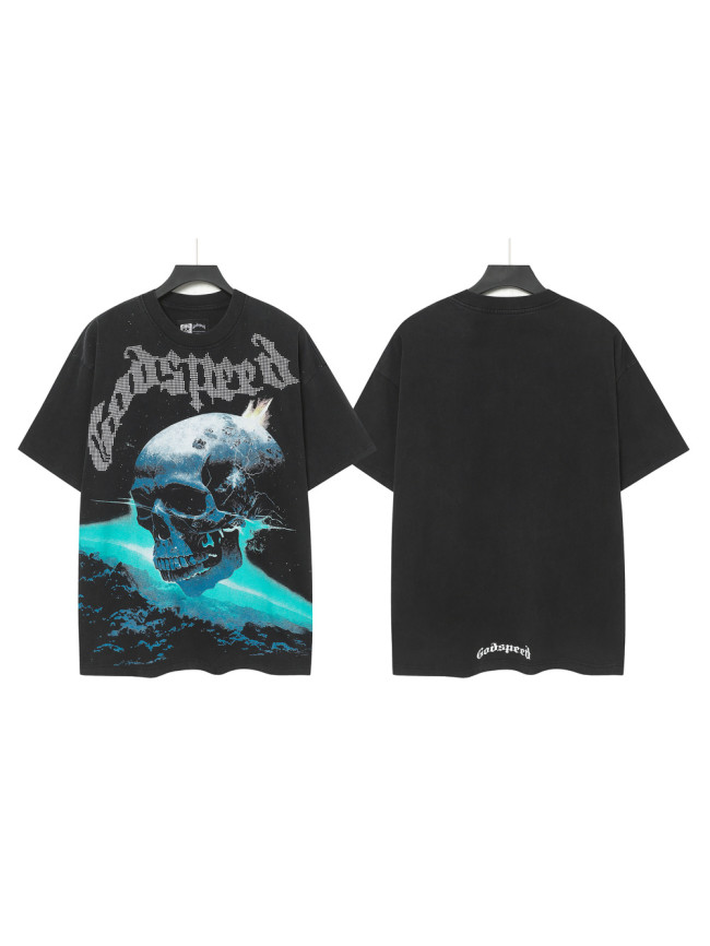 Cosmic Dark Hip Hop Streetwear Front White Dot Halftone Gothic Script Crackle Meteor Planet Skull Cyan Nebula Starry Space Graphic T-Shirt 29354632