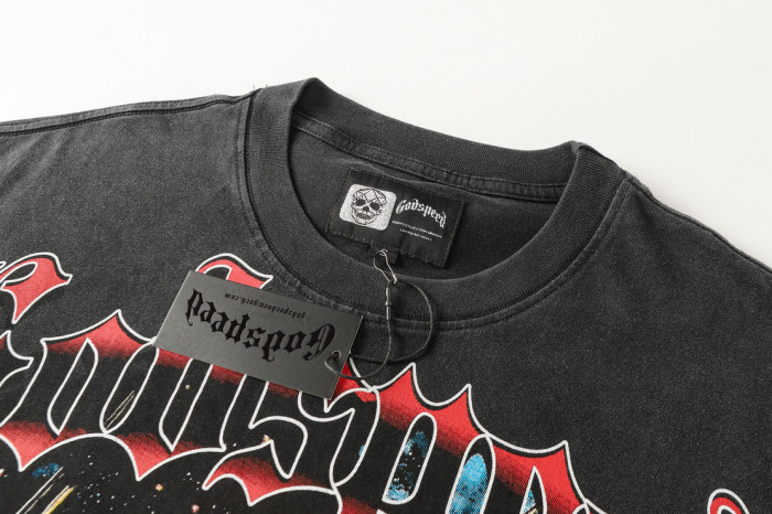 Alien Sci Fi Hip Hop Streetwear Front Red White Outline Gothic Script Mechanical Skeleton With Glowing Red Eyes Space Star Sky Print T-Shirt 29354636