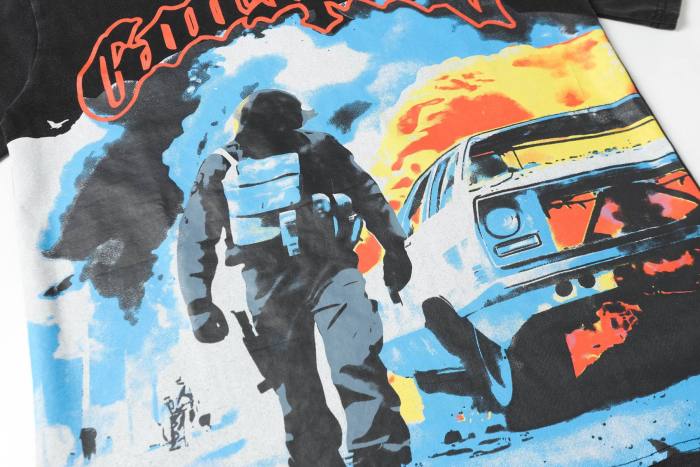 Retro Explosion Street Graphic Streetwear Front Tactical Gear Man Burned Sedan Fire Smoke Orange Outline Gothic Letter Print T-Shirt 2 colors 29354646