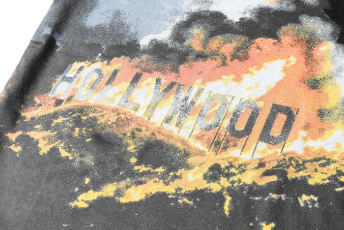 Retro California Street Graphic Streetwear Front Burning Hollywood Landmark Fire Smoke Cursive Letter Print T-Shirt 2 colors 29354638