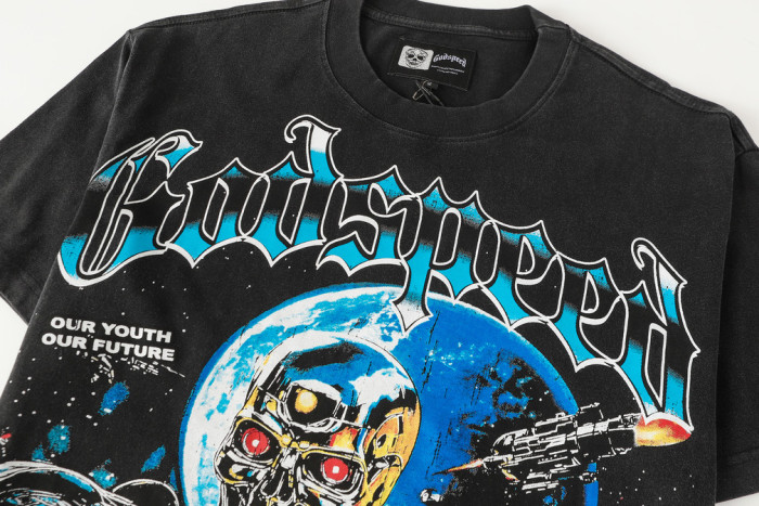 Retro Interstellar Sci Fi Graphic Streetwear Front Gun Shooting Mechanical Red Eye Skeleton Planet Star Meteor Gothic Letter Print T-Shirt 29354637