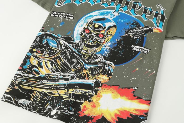 Interstellar Sci Fi Graphic Streetwear Front Gun Shooting Mechanical Red Eye Skeleton Planet Star Meteor Gothic Letter Print T-Shirt 29354872