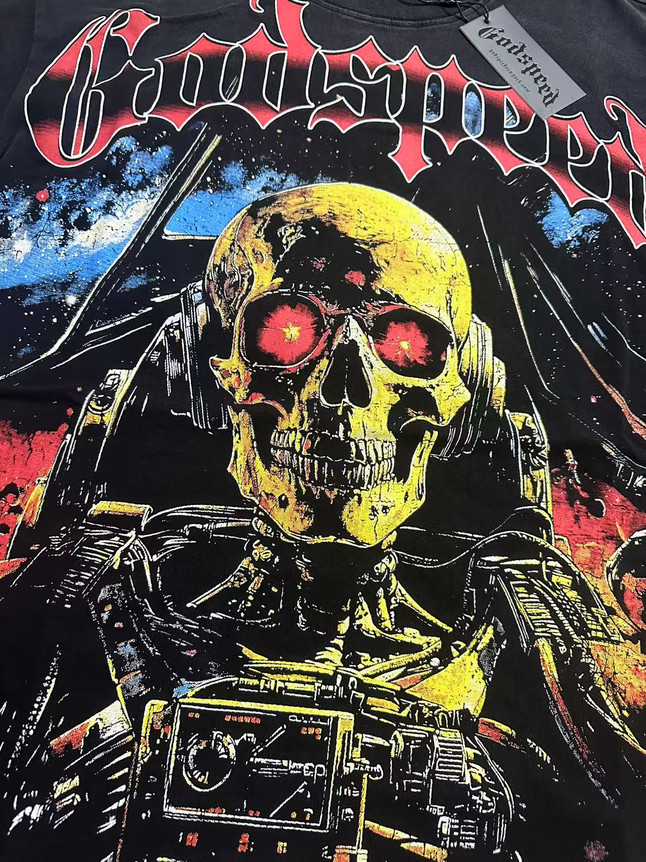 Alien Sci Fi Hip Hop Streetwear Front Red White Outline Gothic Script Mechanical Skeleton With Glowing Red Eyes Space Star Sky Print T-Shirt 29354636