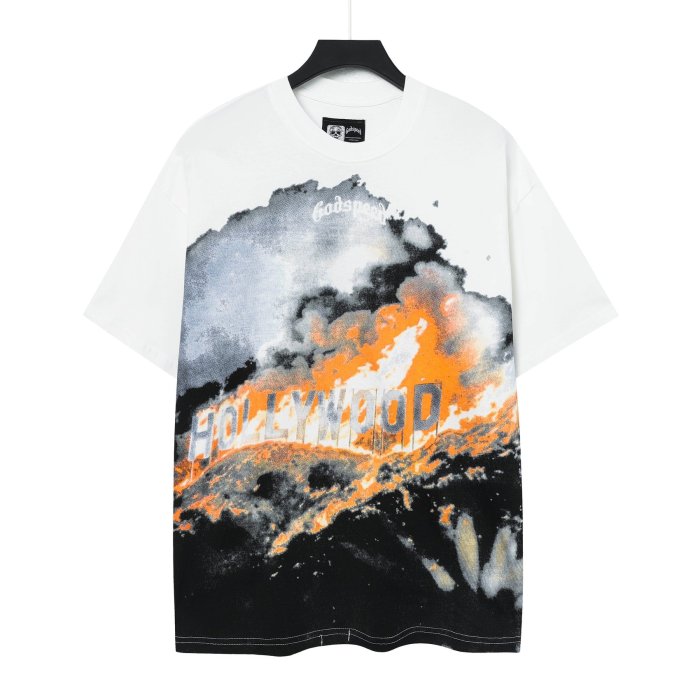 Retro California Street Graphic Streetwear Front Burning Hollywood Landmark Fire Smoke Cursive Letter Print T-Shirt 2 colors 29354638