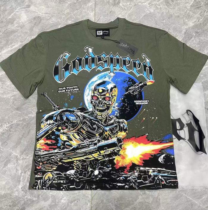 Interstellar Sci Fi Graphic Streetwear Front Gun Shooting Mechanical Red Eye Skeleton Planet Star Meteor Gothic Letter Print T-Shirt 29354872