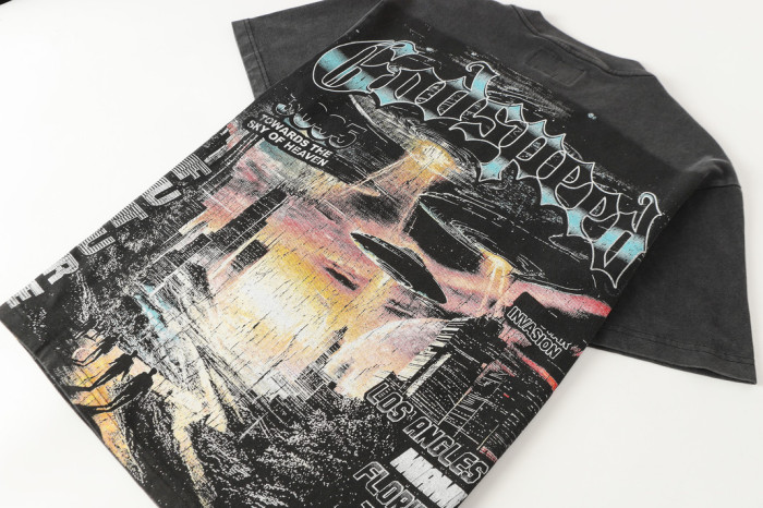 Alien Sci Fi Hip Hop Streetwear Front Red White Outline Gothic Script Mechanical Skeleton With Glowing Red Eyes Space Star Sky Print T-Shirt 29354636