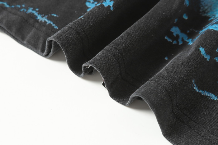 Cosmic Dark Hip Hop Streetwear Front White Dot Halftone Gothic Script Crackle Meteor Planet Skull Cyan Nebula Starry Space Graphic T-Shirt 29354632