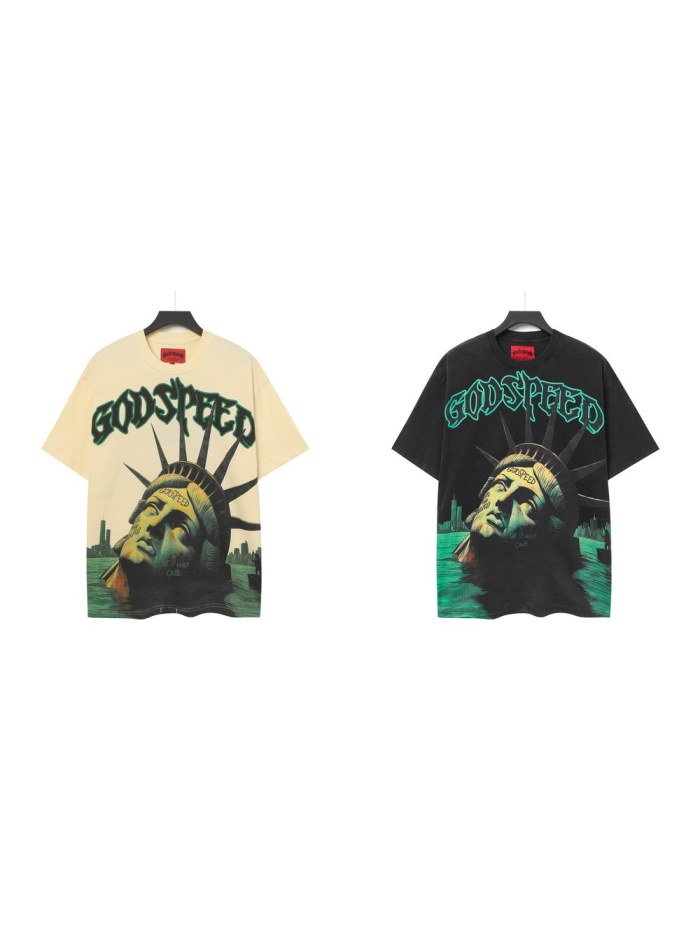 Retro Mystic Urban Graphic Streetwear Front Half Submerged Liberty Statue City Water Gothic Letter Print T-Shirt 2 colors 29354654