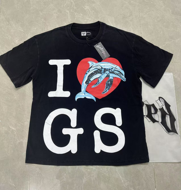 Y2K Ocean Hip Hop Streetwear Front Bold Block Letter I Red Heart Mechanical Cyan Dolphin Graphic T-Shirt 29354630