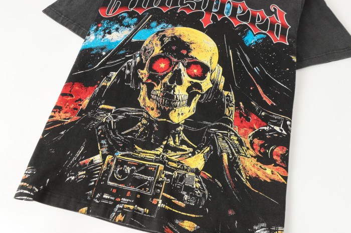 Alien Sci Fi Hip Hop Streetwear Front Red White Outline Gothic Script Mechanical Skeleton With Glowing Red Eyes Space Star Sky Print T-Shirt 29354636