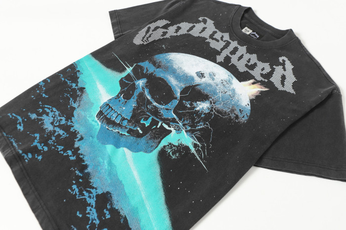 Cosmic Dark Hip Hop Streetwear Front White Dot Halftone Gothic Script Crackle Meteor Planet Skull Cyan Nebula Starry Space Graphic T-Shirt 29354632