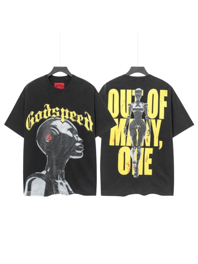 Y2K Hip Hop Streetwear Front Yellow 3D Gothic Script Side Profile Mechanical Female Robot Small Red Symbol Print T-Shirt 29354647