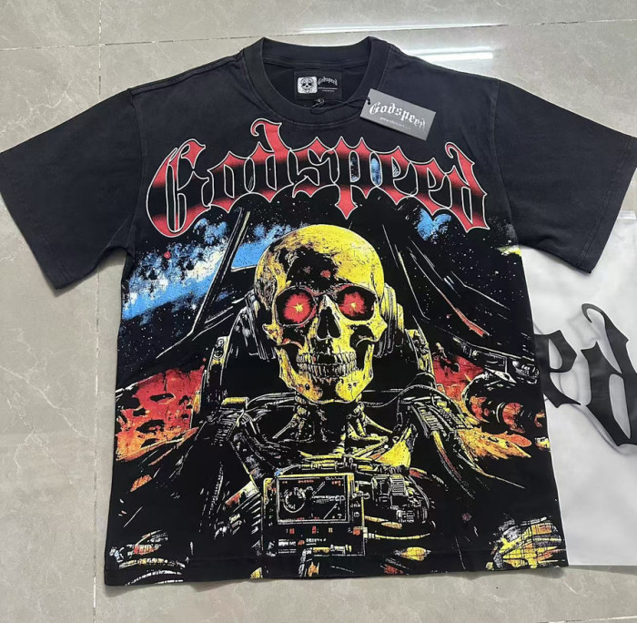 Alien Sci Fi Hip Hop Streetwear Front Red White Outline Gothic Script Mechanical Skeleton With Glowing Red Eyes Space Star Sky Print T-Shirt 29354636