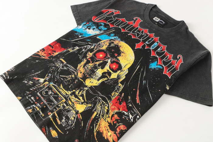 Alien Sci Fi Hip Hop Streetwear Front Red White Outline Gothic Script Mechanical Skeleton With Glowing Red Eyes Space Star Sky Print T-Shirt 29354636