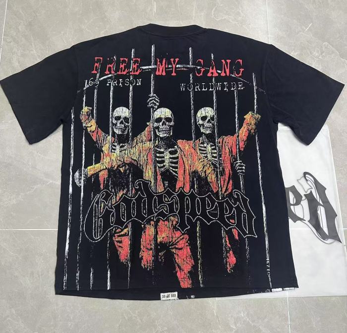 Prison Gang Graphic Streetwear Front Armed Police Skeleton Jail Cell Iron Bars Inmate Silhouette White Gothic Letter Print T-Shirt 29354871