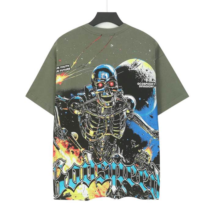 Interstellar Sci Fi Graphic Streetwear Front Gun Shooting Mechanical Red Eye Skeleton Planet Star Meteor Gothic Letter Print T-Shirt 29354872