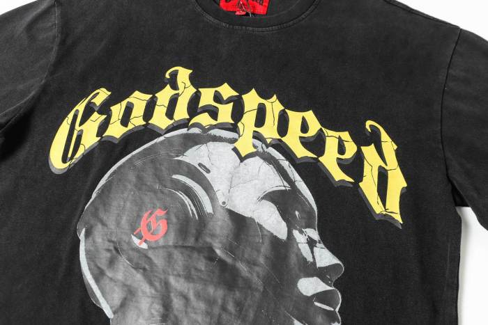 Y2K Hip Hop Streetwear Front Yellow 3D Gothic Script Side Profile Mechanical Female Robot Small Red Symbol Print T-Shirt 29354647