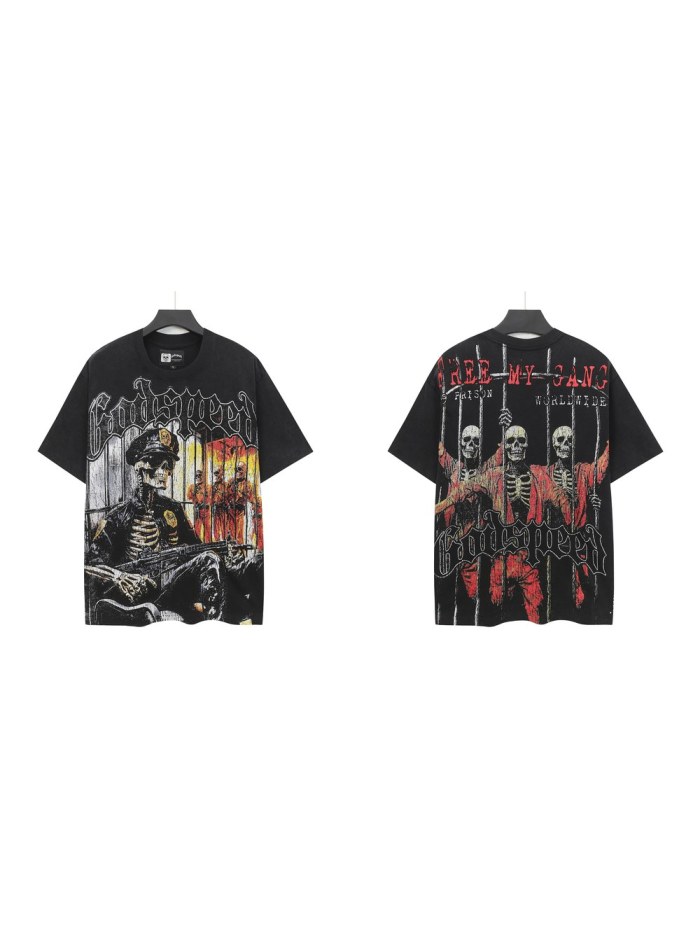 Prison Gang Graphic Streetwear Front Armed Police Skeleton Jail Cell Iron Bars Inmate Silhouette White Gothic Letter Print T-Shirt 29354871