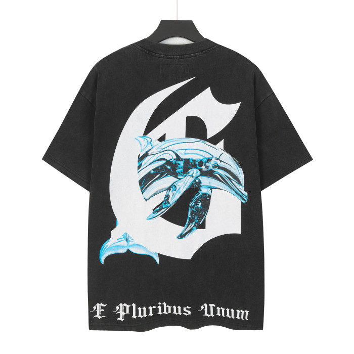 Y2K Ocean Hip Hop Streetwear Front Bold Block Letter I Red Heart Mechanical Cyan Dolphin Graphic T-Shirt 29354630