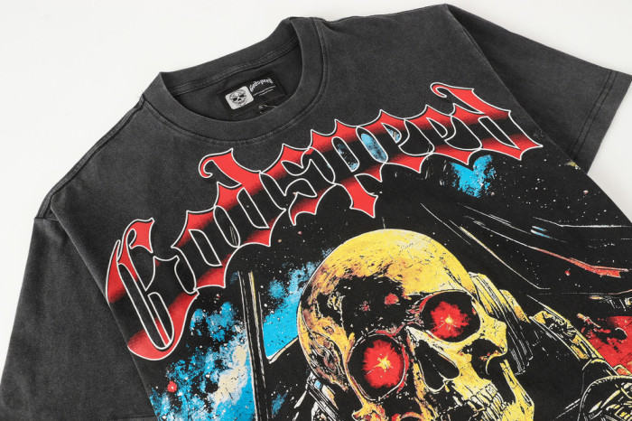 Alien Sci Fi Hip Hop Streetwear Front Red White Outline Gothic Script Mechanical Skeleton With Glowing Red Eyes Space Star Sky Print T-Shirt 29354636