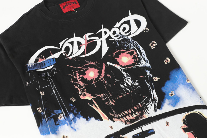 Retro Drive In Movie Graphic Streetwear Front Convertible Car Couple Popcorn Giant Red Eye Skull Gothic Letter Print T-Shirt 29354633